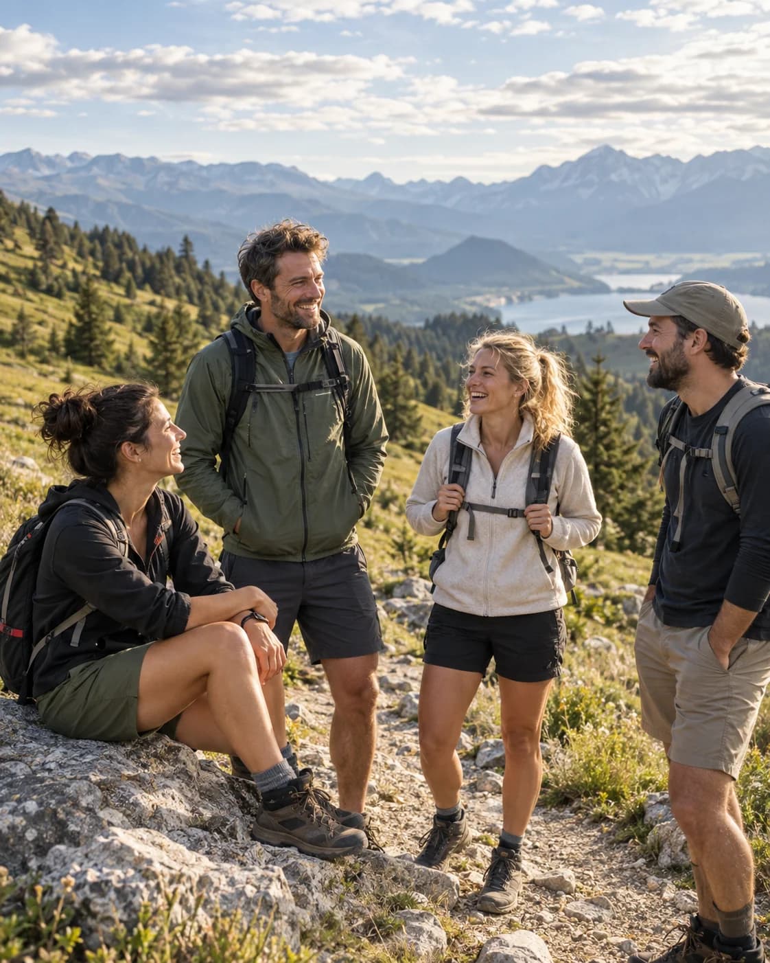 Quatre adultes partagent une pause conviviale sur un sentier de montagne — illustration générée par IA.